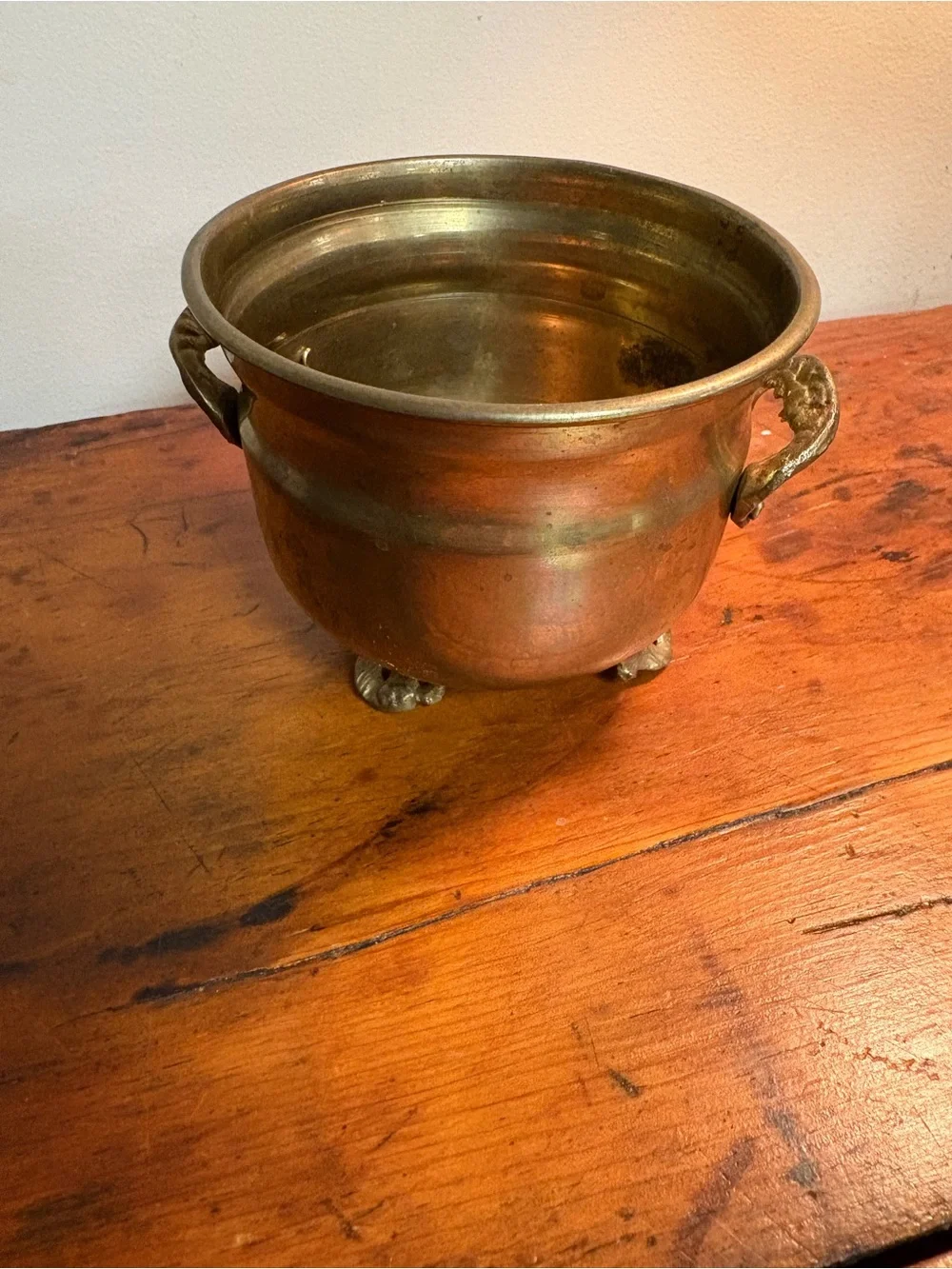 Antique-Style Brass Footed Planter with Handles Curved Handles 3.5x4”